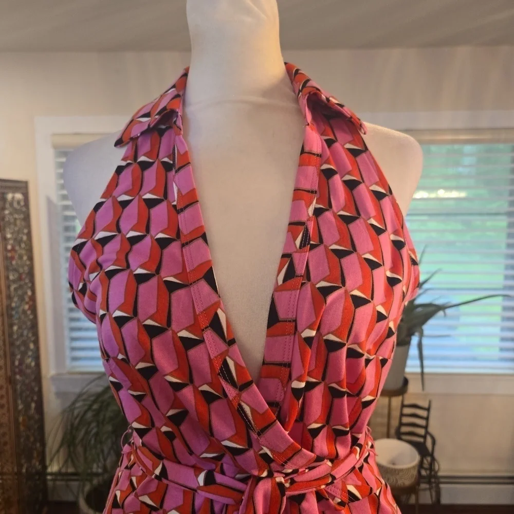 NWT Diane Von Furstenburg x Target V Neck Faux Wrap Geo Print Jumpsuit Pink XS